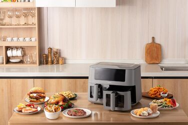 Linsar Dual Zone аерофритюрниця з двома камерами, 8 л, 2 кошики зі скляним вікном, сенсорне управління, 9 програм, Dual Cook, синхронізація, 2570-3040 Вт, чорна