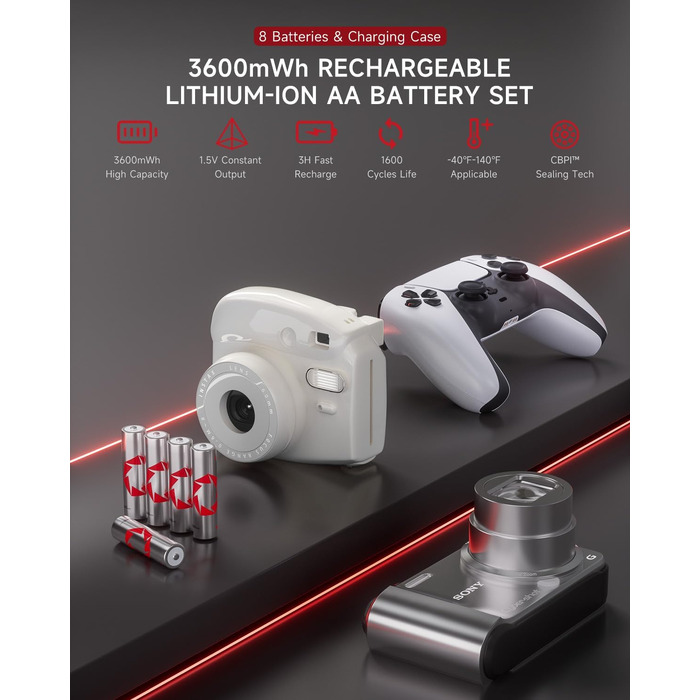 Набір акумуляторів PHOTOOLEX AA (8 шт) з зарядним пристроєм та кейсом, 3600mWh, 1.5V, висока ємність, перезарядні літієві батарейки