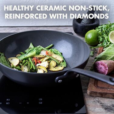 Wok-пательня GreenPan Craft 28 см, анодований алюміній, керамічне антипригарне покриття, PFAS-free, для індукції, посудомийки та духовки, чорна, 3,6 л