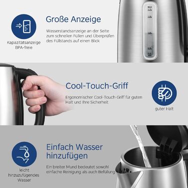 Електрочайник Midea MK-17S30A2 з нержавіючої сталі, 1.7 л, BPA-free, 2200 Вт, швидке кип’ятіння, ізольована ручка, індикатор рівня води, LED-підсвітка, захист від перегріву