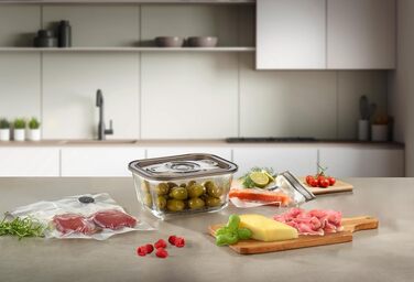 Вакууматор CASO Vacu OneTouch Eco-Set: бездротовий ручний вакууматор, 3 скляних контейнери, 10 ZIP-пакетів та стікери Food Manager, акумуляторний, чорний