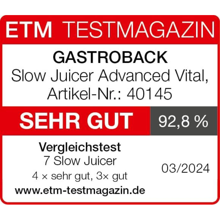 Соковижималка GASTROBACK Slow Juicer Advanced Vital, чорна, срібляста, повільного віджиму, для овочів і фруктів