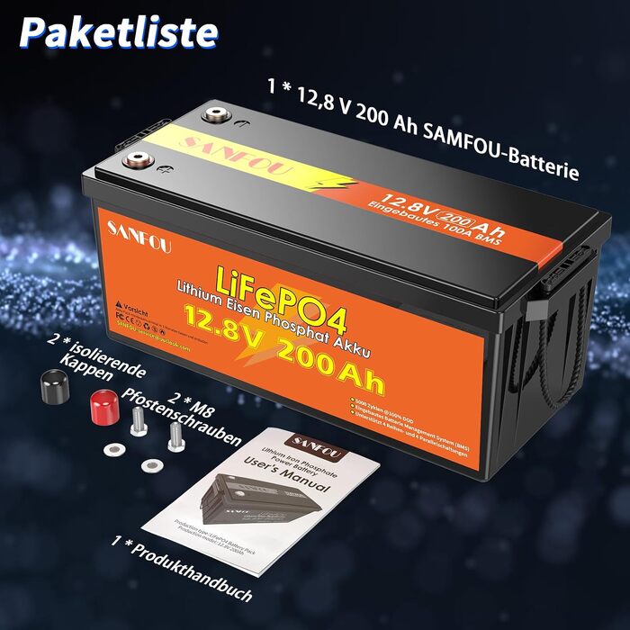 LiFePO4 акумулятор 12V 200Ah (2560Wh) з BMS 100A, літієва батарея Deep Cycle для кемпінгу та автобудинків, 12.8V