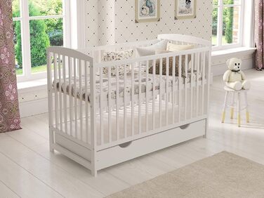 Дитяче ліжечко Love For Sleep 120x60 см з шухлядою, матрацом, дерев'яним бортиком та захисним чохлом, біле