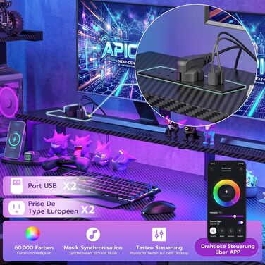 Ігровий стіл APICIZON 150 см з поличкою, підставкою під монітор та RGB-підсвіткою, чорний. Комп'ютерний стіл з USB, тримачем для навушників та підставки для чашки, карбоновий дизайн