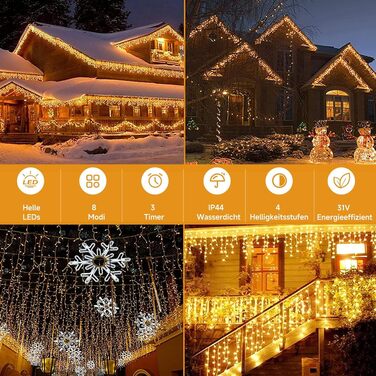 Світлодіодна гірлянда-дождик WOWDSGN (бурульки) для вулиці, 35м, 1540 LED, теплий білий колір, 8 режимів, таймер, водонепроникна IP44, для даху та тераси