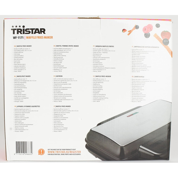 Вафельниця Tristar WF-1171 для картоплі фрі, 1000 Вт, нержавіюча сталь, сріблясто-чорна, на 15 порцій