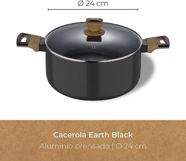 Каструля BERGNER Earth Black 24 см, алюмінієва з антипригарним покриттям, дерев'яна ручка, для індукції та всіх типів плит, з кришкою, чорна