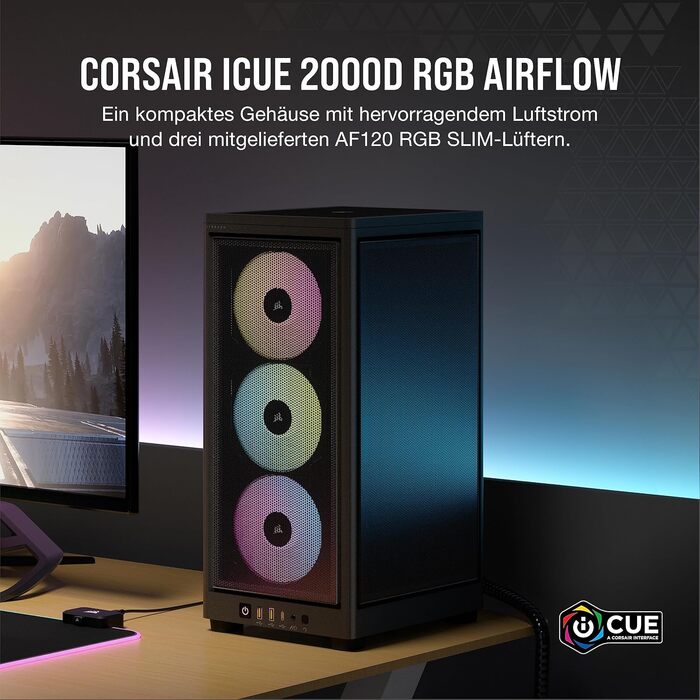 Корпус для ПК Corsair iCUE 2000D RGB Airflow Mini-ITX, сталевий, з підсвіткою, 3 вентилятори Slim AF120 RGB, контролер iCUE Lighting Node Core, чорний