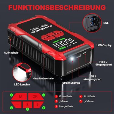 Пусковий пристрій (бустер) FNNEMGE 26800mAh 6500A з компресором 160PSI для авто (бензин та дизель до 10.0л), LCD-дисплей, LED-ліхтарик