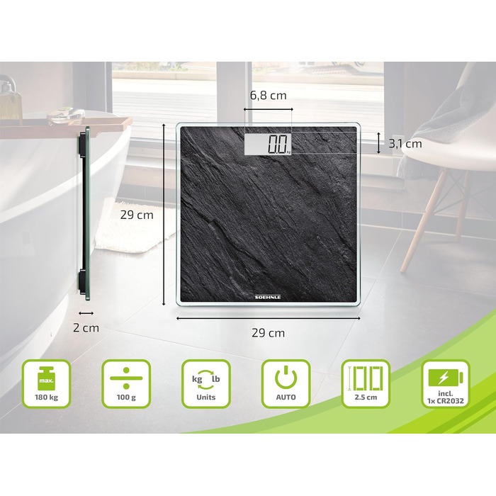 Електронна вага Soehnle Style Sense Compact 300 Slate, чорна, до 180 кг, LCD-дисплей, велика платформа, ультратонкий дизайн