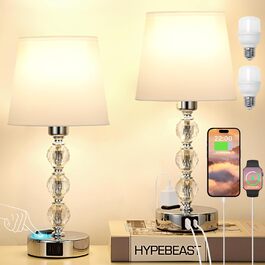 Настільна лампа Kakanuo з димером, 2 шт, кришталева, USB-A+C, LED, сучасна, білий текстильний абажур, для спальні, вітальні, офісу, готелю, 37 см