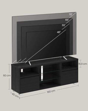 TV-тумба VASAGLE Kailyn LTV331T10 чорна з LED підсвіткою під телевізор до 70 дюймів, з полицями та шафками для вітальні