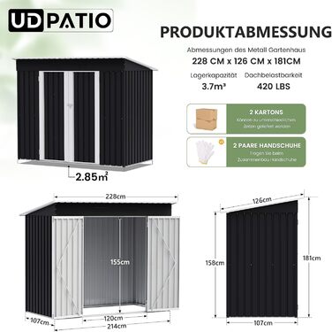 Садовий будинок UDPATIO металевий 4 м³ 228x121x181 см для двору, гараж для велосипедів, оцинкована сталь, двері з замком, темно-сірий