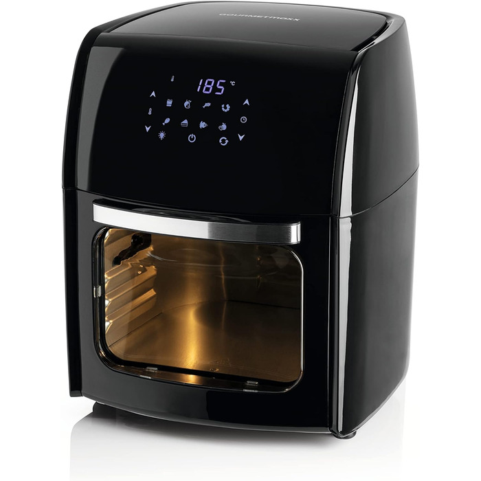 Цифрова аерофритюрниця GOURMETmaxx 12 л XXL з таймером, сенсорним дисплеєм, вертелем та решіткою для запікання, 8 програм, 1800 Вт, чорна, енергозберігаюча, для приготування без жиру