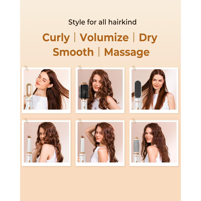 UKLISS 6-в-1 Hairstyler: Фен-щітка для укладки волосся з гарячим повітрям, автоматична, Pro (біло-сірий)