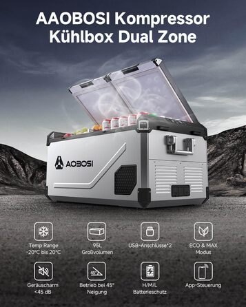 Автомобільний компресорний холодильник AAOBOSI з Wi-Fi, LED підсвіткою, -20°C/+20°C, 12/24V/220V, на колесах для авто, кемпінгу, подорожей