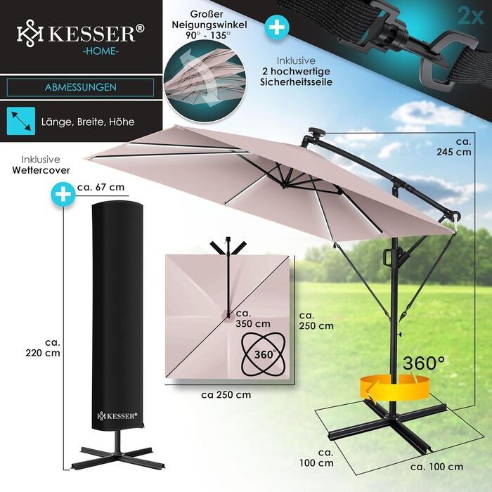 Сонцезахисна парасоля KESSER Holly прямокутна з LED-підсвіткою на сонячних батареях, алюмінієва, водовідштовхувальна, з чохлом і захистом від вітру, з ручкою-крутилкою, UV-захист, 350 см, колір таупе
