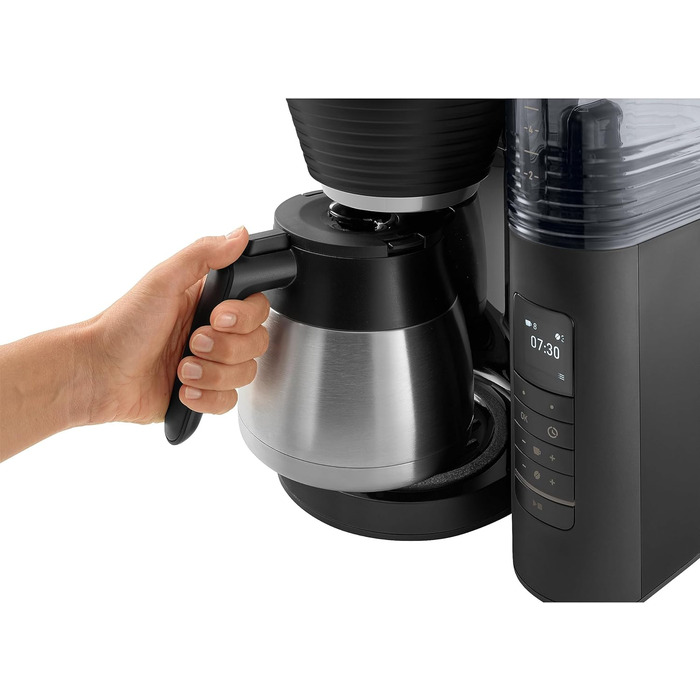 Кавоварка Melitta AromaFresh Therm Pro X з млином, термокухлем і знімним резервуаром для води, фільтраційна кавомашина на 8 чашок, чорна
