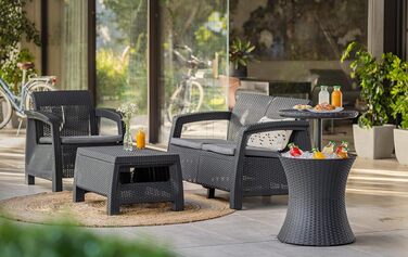 Столик для коктейлів Keter Pacific Cool Bar 3-в-1: столик, кофейний столик та холодильник для відпочинку на відкритому повітрі, ротанговий дизайн, стійкий до УФ та погодних умов, антрацит, об'єм холодильника 30л