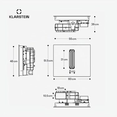 Індукційна варильна панель з витяжкою Klarstein AirJet 60, 60 см, потужність 600 м³/год, Flex-зони, Boost 10000 Вт, сенсорне керування, клас A+, нержавіюча сталь та скло, чорний