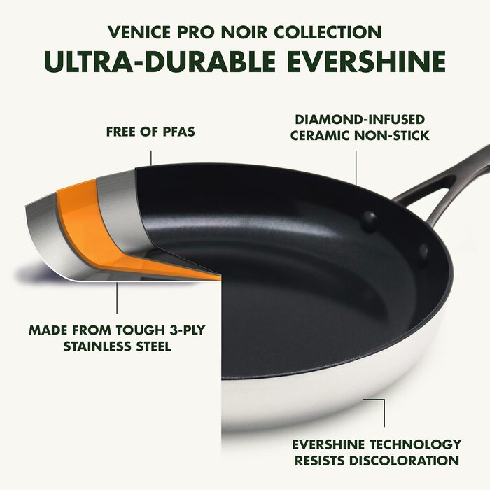 Набір сковорідок GreenPan Venice Pro Noir 26см та 30см, нержавіюча сталь, антипригарне покриття Ceramic, чорний, без PFAS, для індукції, можна мити в посудомийній машині, термостійкий, сріблястий