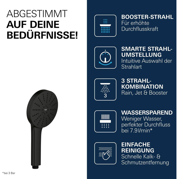 Душова лійка GROHE Vitalio Joy+ 120 з функцією Boost та AquaBooster, 3 типи струменя, водозаощаджуюча (8 л/хв), матово-чорна, 1348640000