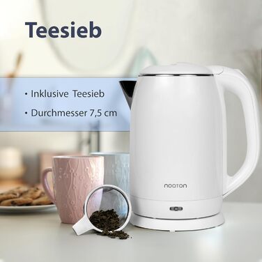 Електрочайник Noaton K1W Basic 2 л, подвійні стінки, нержавіюча сталь, 1500 Вт, безпечний, білий, без регулювання температури