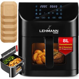 Аерофритюрниця LEHMANN 8L з вікном перегляду, роздільником на 2 камери та 12 програмами, антипригарне покриття, до 200°C
