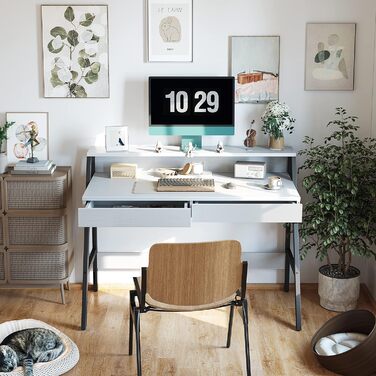 Письмовий стіл CubiCubi 120 см з 2 шухлядами та підставкою для монітора, білий, комп'ютерний стіл для домашнього офісу