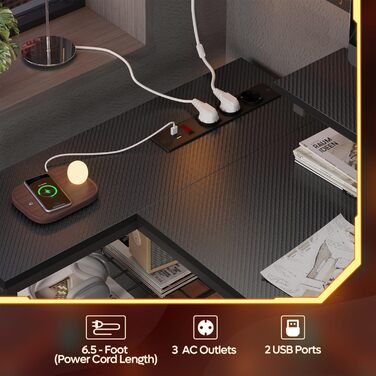 Ігровий кутовий стіл Bestier L-подібної форми з LED-підсвічуванням, розетками, 2 полицями та гачками – кутовий стіл для комп'ютера, офісу, спальні та геймінгу 106 x 80 см, 3D-вуглецеве волокно чорного кольору
