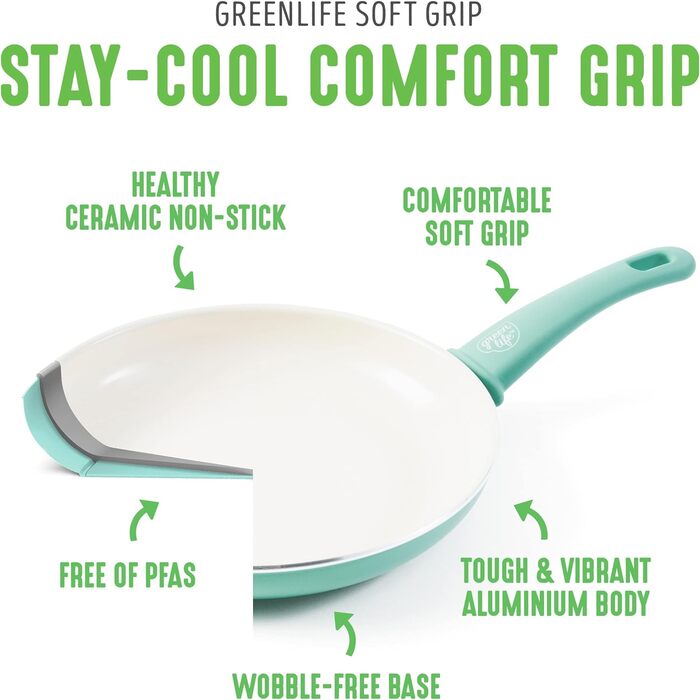 Набір керамічних сковорідок GreenLife Soft Grip 18 см і 26 см, антипригарне покриття без PFAS, підходить для духовки та посудомийки, бірюзовий колір