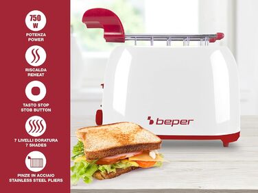 Тостер BEPER P101TOS100 з нержавійки, 7 режимів, піддон для крихт, 2 широкі слоти