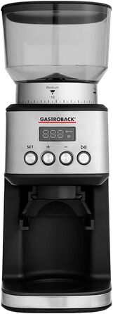Кавомолка GASTROBACK Design Digital, 31 режим помолу, автоматичне помел у холдер або контейнер, сріблясто-чорна