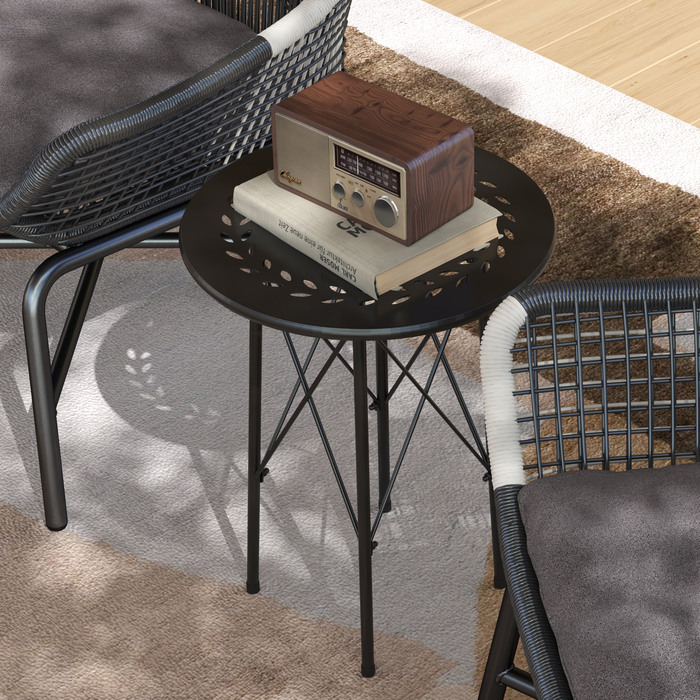Outsunny Garden Table Ø40 x 50 см, Атмосферостійкий сталевий балконний стіл, Бічний столик із захисними ніжками з квітковим дизайном, Круглий обідній стіл на відкритому повітрі, Кемпінговий стіл Патіо Стіл для патіо Стіл для саду Балкон Чорний
