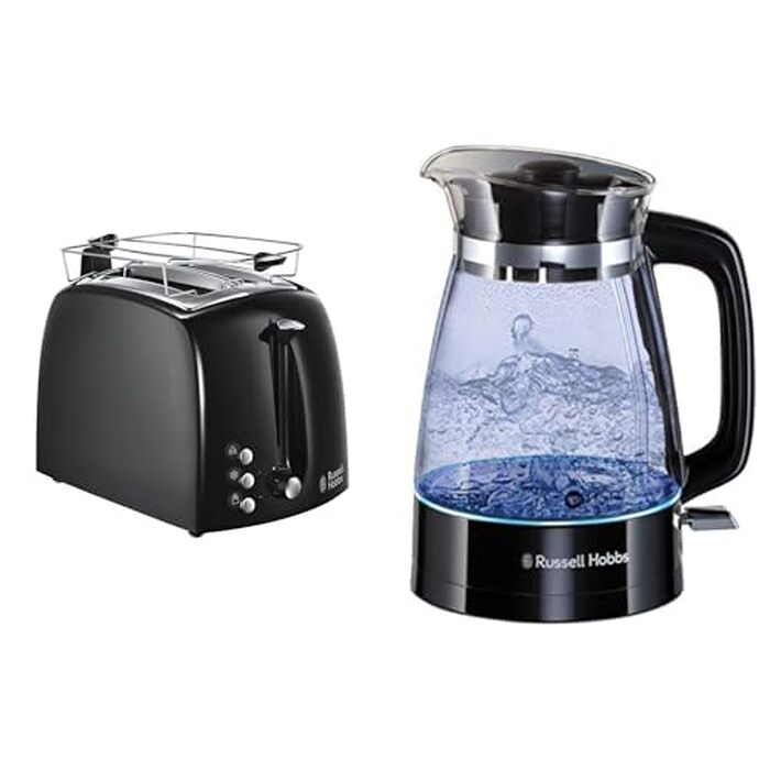 Тостер Russell Hobbs Textures+ (2 широкі слоти, підставка для булочок, 850 Вт, чорний) + Електричний чайник скляний Russell Hobbs Classic (1.7 л, 2400 Вт)
