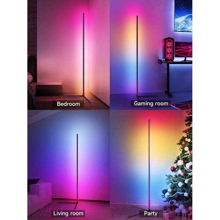 LED торшер у вітальню RGB кутовий, димується з пультом та додатком, синхронізація з музикою, DIY-режим, таймер - чорний