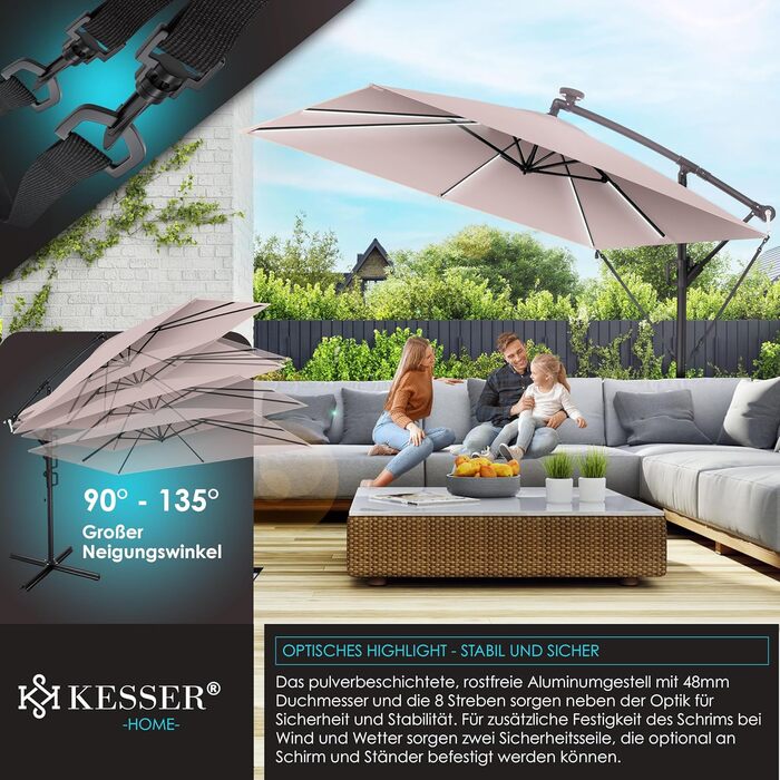 Сонцезахисна парасоля KESSER Holly прямокутна з LED-підсвіткою на сонячних батареях, алюмінієва, водовідштовхувальна, з чохлом і захистом від вітру, з ручкою-крутилкою, UV-захист, 350 см, колір таупе