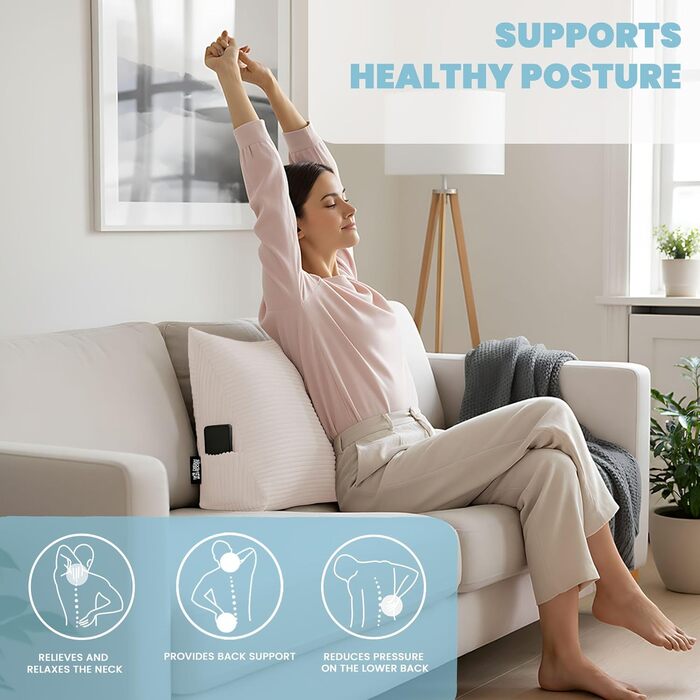 Подушка для спини DreamRoots клиноподібна для ліжка та дивана, кремова, 70x40x20 см. Зручна подушка для читання з кишенею, знімний чохол з корду 380 г/м².
