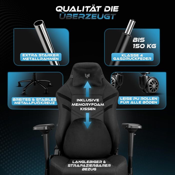 Ігрове крісло Ultimatrix FURY Ergonomic: з підтримкою попереку, 4D-підлокітниками, підніжкою та дихаючою тканиною, витримує до 150 кг, чорне