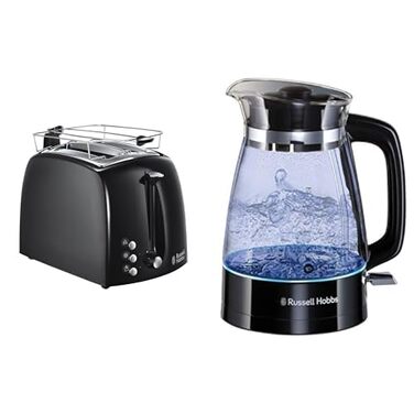 Тостер Russell Hobbs Textures+ (2 широкі слоти, підставка для булочок, 850 Вт, чорний) + Електричний чайник скляний Russell Hobbs Classic (1.7 л, 2400 Вт)