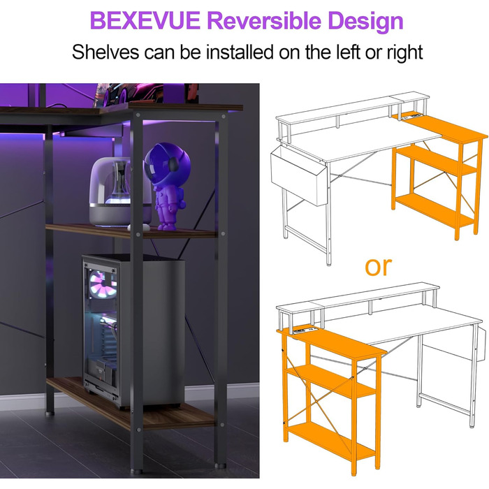 Комп'ютерний кутовий стіл BEXEVUE з розеткою та LED-підсвіткою 120x70 см, ергономічний, з полицями, для дому та офісу (Нусбаум)