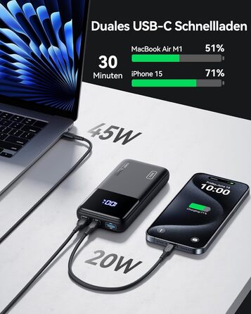 Power Bank INIU 20000mAh 65W: зарядний пристрій для телефону та ноутбука. USB-C, сумісний з MacBook, iPad, iPhone, Steam Deck. Чорний
