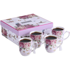 Комплект чашок для кави London Boutique K414: 4 шт., 330 мл, рожевий, стиль Vintage/Retro, флора, подарунок