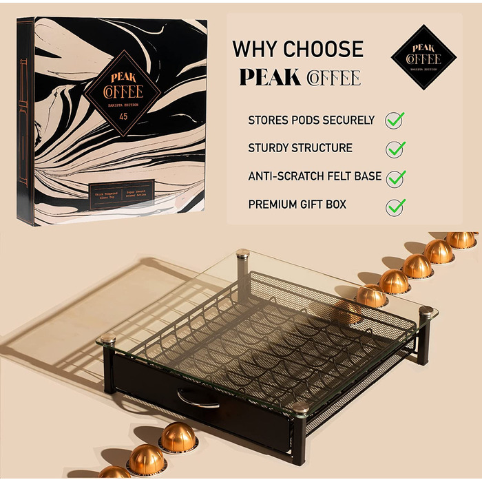 Організатор для капсул Nespresso Vertuo Peak Coffee з підставкою для кавомашини та скляною кришкою - на 45 капсул