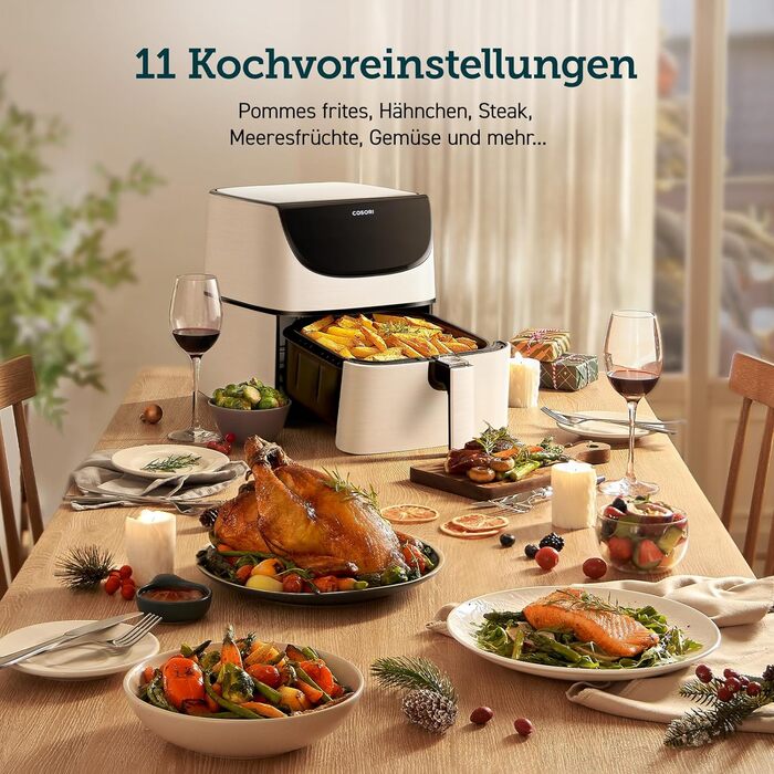 Аерофритюрниця COSORI 5,5 л XXL біла, LED-дисплей, 13 програм, 1700 Вт, без олії, книга рецептів, CP158-AF