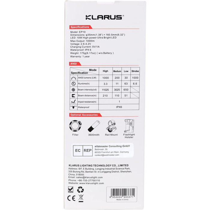 Ліхтарик KLARUS EP10 1000 Люмен USB-C, тактичний, 4 режими, водонепроникний IPX6 для кемпінгу, дому та вулиці