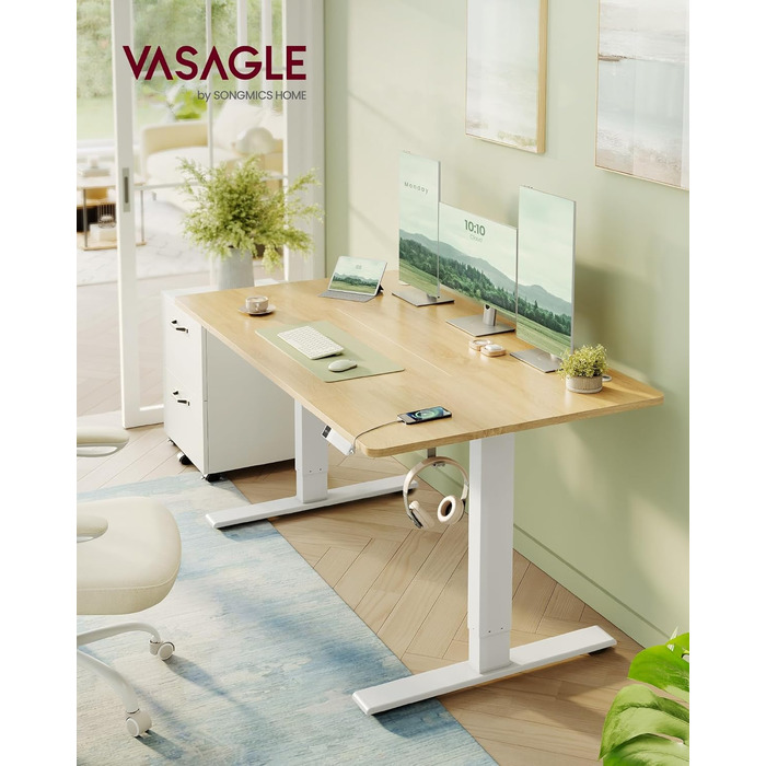 Регульований по висоті письмовий стіл VASAGLE 140x80 см, електричний стіл для роботи стоя з USB-C портом, пам'яттю на 3 позиції та нагадуванням про перерву, колір золотий дуб, LSD144YA02