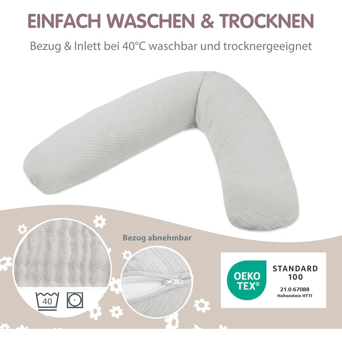 Подушка для вагітних та годування Theraline Dodo Pillow Premium 180 см, мусліновий чохол (100% бавовна), колір: димчасто-сірий