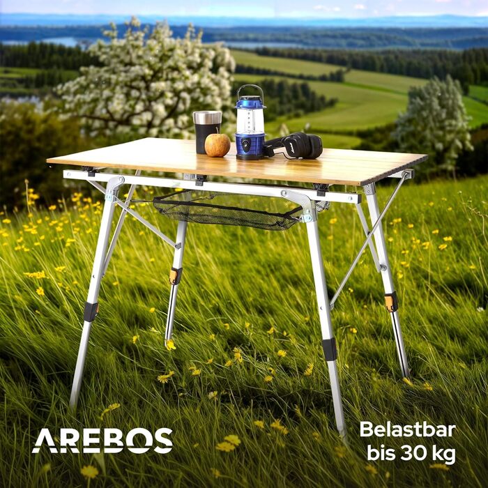 Складаний кемпінговий стіл Arebos 120x70 см, регульована висота 58-78 см, коричневий — для пікніка, саду та гриля, з сумкою для перенесення
